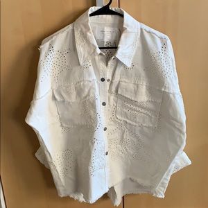 Zara White Detailed Denim Oversized Jacket Size M
